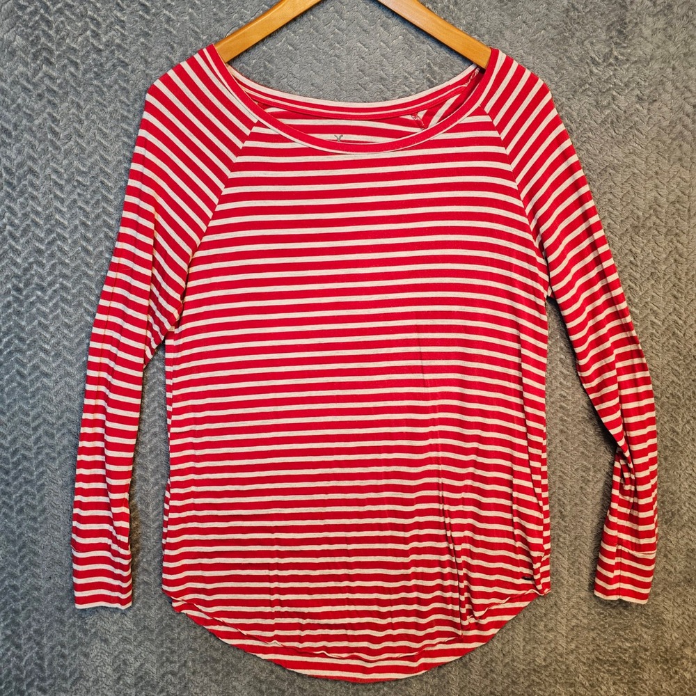 American Eagle Soft & Sexy Jegging T Red White Striped Long Sleeve Raglan Medium